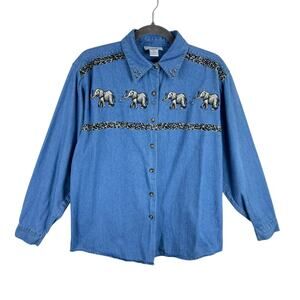 Vintage Christopher & Banks Elephant Embroidered Button Up Jean Shirt Size M